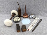 Nifty assortment of tiny oil cans, old door handle, grip tite candle adhesive, interesting EMS stamp