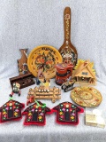 Scandinavian home decor incl many wall hangings, a wooden stein, wooden dice, more. Stein measures