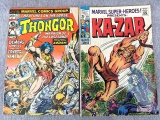 Two Marvel Comic books including Ka-Zar, 1968 and Creatures on the Loose featuring Thongor, 1973.