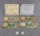 Two individually struck .999 pure Silver Clad quarters and four Saudi Arabian paper currency.