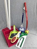 Dust pans with long handles, cat/dot brush, pet toy launcher, whistle, toilet bowl scrubber and