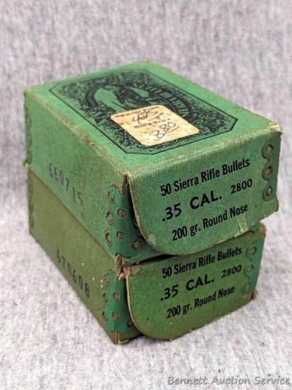 Two boxes of Sierra Rifle bullets each read .35 Cal, 200 gr round nose. Each box should hold 50 and