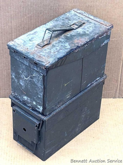 Two metal ammo cans, each measure approx 12"x6"x7" tall.
