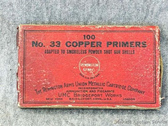 No shipping. Vintage box of Remington UMC No. 33 Copper Clad Primers. 60 primers incl. Box top with