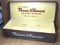 Vintage Mason & Hanson Exclusive Woolens samples box with graphics on front and inside lid, and