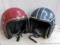 Vintage motorcycle helmets with classic striping. Sticker inside of Mench reads AMA Approved for