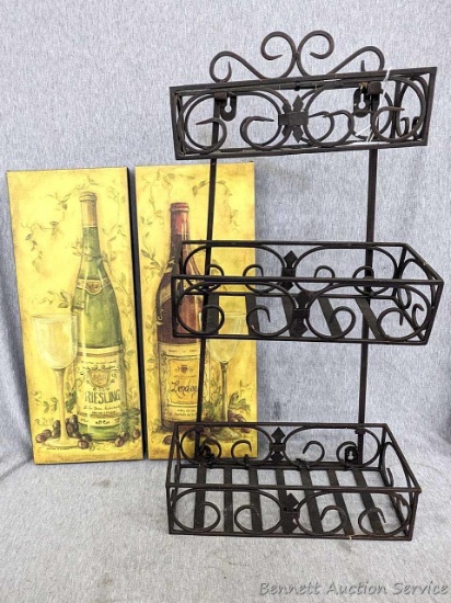 Wine bottle canvas decor prints and stylish wall shelf. Shelf measures 25-1/2" tall; prints are