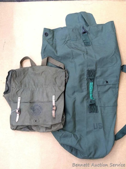 US Military Nylon Duffel Bag and Official Trail Camper back pack. Duffel measures approx 38" long
