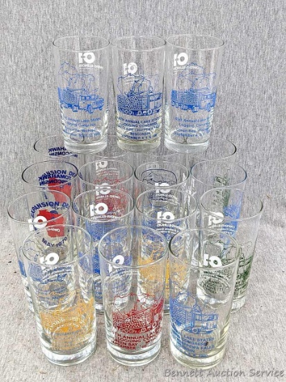 Lots of 5-1/2" tall commemorative drinking glasses incl 35th, 36th, 37th Annual Lake States Logging