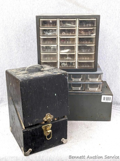 Storage and organizer boxes. Wooden box with Craftsman and other sanding abrasives and wire wheels.