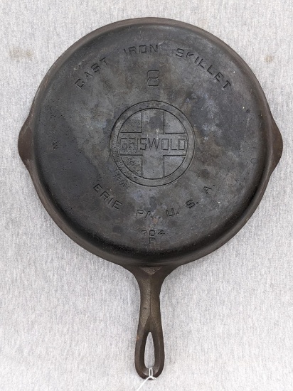 Griswold No. 8 cast iron skillet with large logo is marked Erie PA USA, 704 P. Measures 10-1/2"