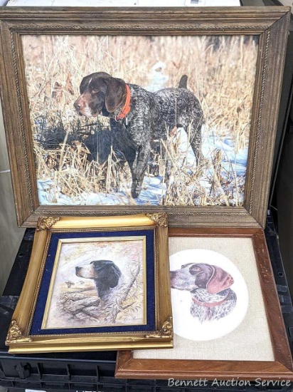 Three framed hunting dog pieces, one by Ruane Manning. Largest about 24" x 20" over frame. Gold