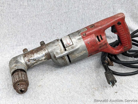 Milwaukee 1/2" right angle drill with forward and reverse. Cord is taped and loose near base. Runs.