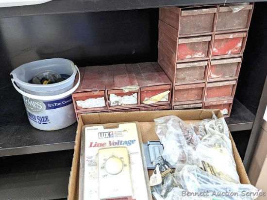 Organizer bins up to 12" tall hold new and used bolts, nuts, new washers, drill bits, etc. Plus