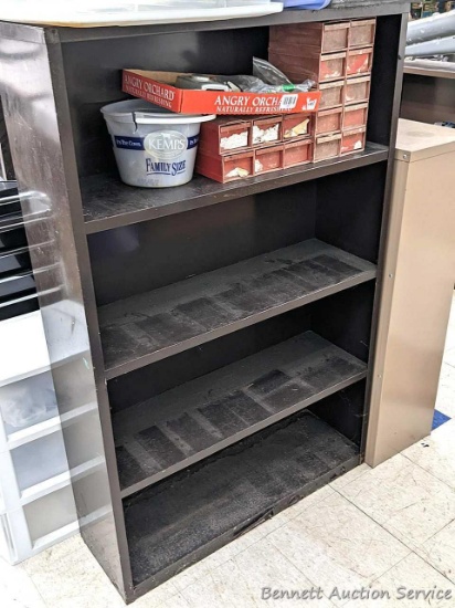 56" tall steel shelving unit is 3' wide and 11-1/2" deep. In good condition.