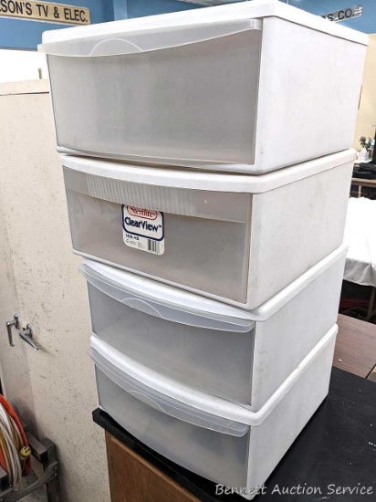 Sterilite and other stackable organizers stand 39" overall. In good condition.