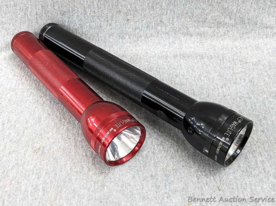 Pair of Mag-Lite flashlights are 10" and 12-1/2" long. Both need batteries, untested. Bodies and