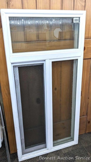 Transom window and side sliding glass window. Vinyl window with frosted / patterned glass and