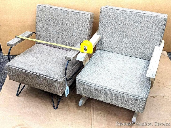 Two adorable retro kid's chairs each have 15" x 13" seats about 10" off of ground. Spring chair in