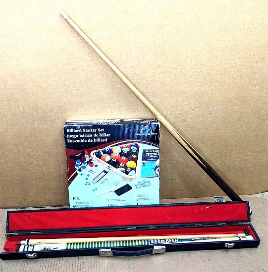 20 oz Lite Beer pool cue with box, Sportcraft billiard or pool balls, 36-1/2" cue in good condition