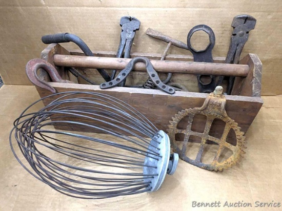 Yard art or decorative pieces including buggy step, tractor crank handle, chain, pliers, more comes