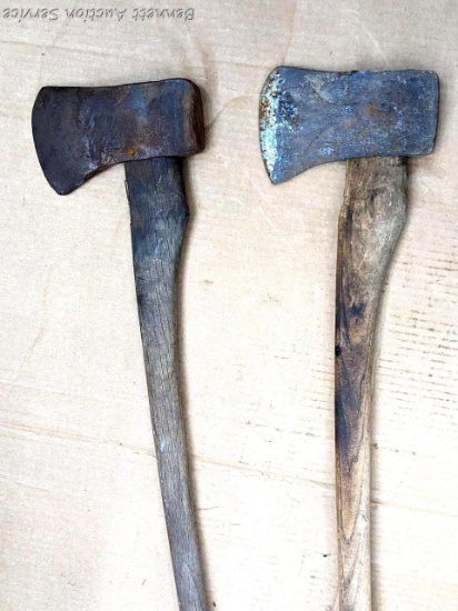 Two single bit axes incl W.M. Frankfuth hand hammered and other. Heads are tight and fairly tight on