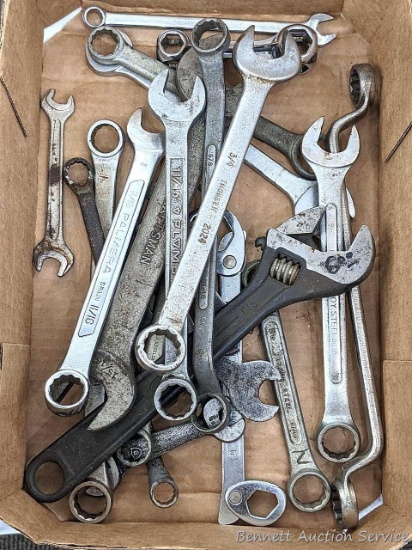 Assortment of open and box end wrenches incl. Plumb, Craftsman, Ridgid, Plamera, and more.