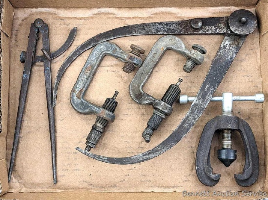 Two antique Lubroclamp C-clamp style leaf spring greasing tools, 10-1/2" outside caliper, forged