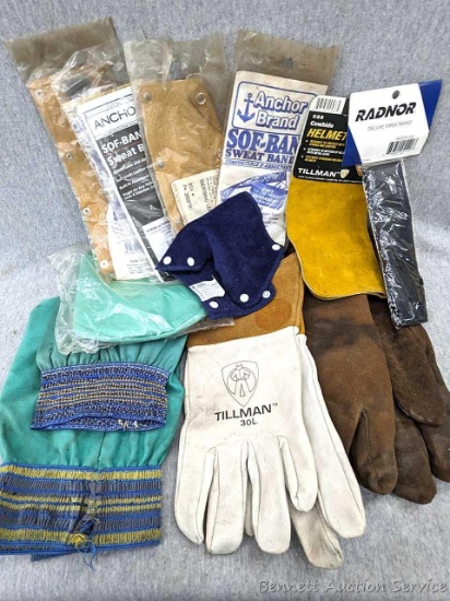Tillman and other welding gloves and supplies incl. sleeves, sweatband, helmet bib, more.