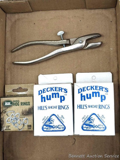 Decker's Hump brand Hill's Shoat Rings, Lem Manual Hog Rings, and Decker's Ringer Plier. Plier