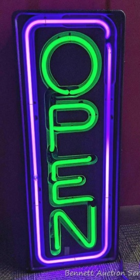 No shipping. Neon Open sign measures approx. 26" x 10", works.