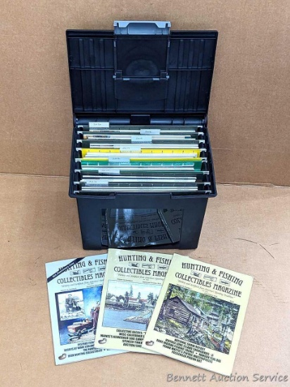 Hunting & Fishing Collectibles Magazine issues, dates range 2014 to 2020 all stored in a file box.