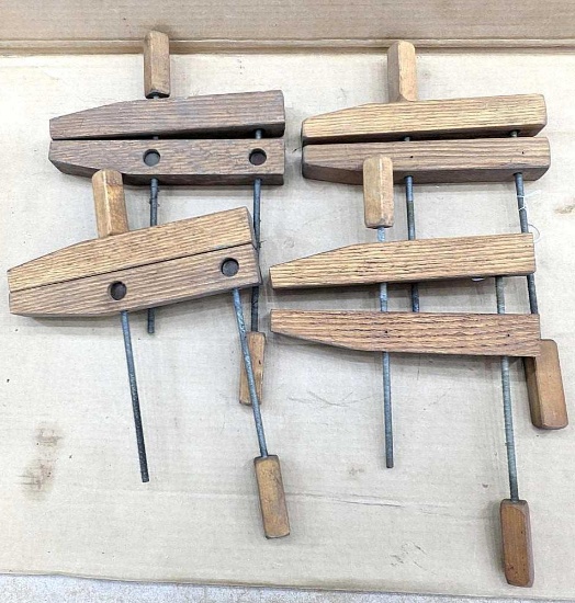 Set of three adjustable wooden claps with 10" long wooden jaws.