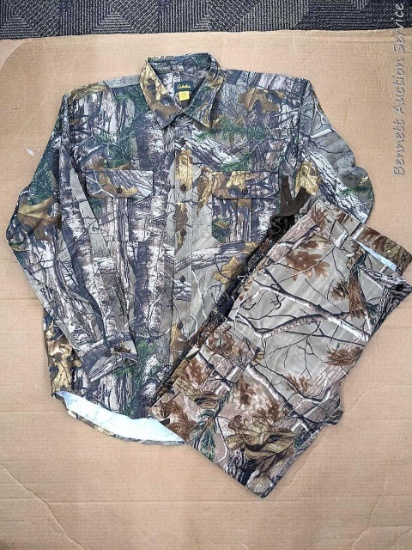 Cabela's brand men's hunting shirt, size L; Guide Series men's RealTree camo hunting pants, size XL.