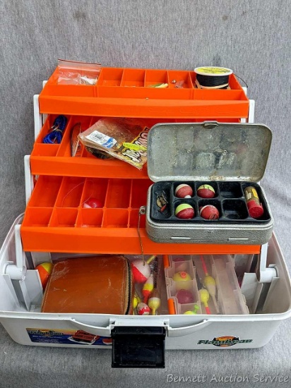 16" wide Flambeau Outdoors three-tray fishing tackle box with contents incl ice line, bait, lure