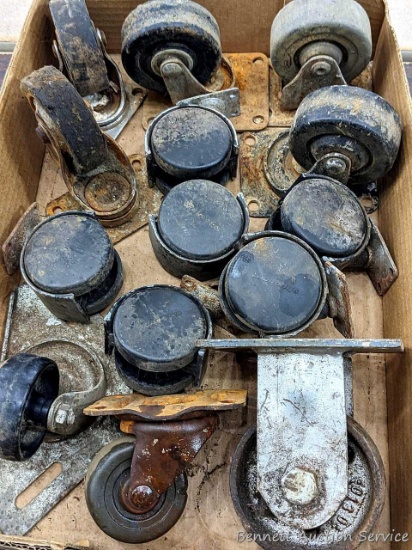 Swiveling casters, some sets, largest wheel is about 1-1/2" x 3-1/2" with mount.