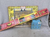 Mah-Jongg board, NIP Bow & Arrow Set with target, Very nifty vintage Home Budget Bank. Bank measures