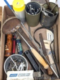 Miscellaneous hardware and tools incl nails, pipe, saws, and more.