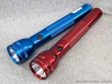 Two colorful Mag-Lite flashlights are both about 13