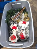 30gal Sterilite tote with lid holds Christmas / holiday decorations incl candle sticks, vintage