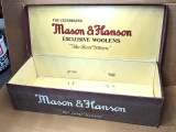 Vintage Mason & Hanson Exclusive Woolens samples box with graphics on front and inside lid, and
