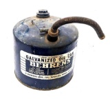 Vintage Behrens 5 gal oil can is made of 26 gauge steel and has decent graphics. Nice display piece