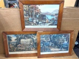 Set of three framed pieces incl Hunting, Fishing and Forest Scenes, Haying Time - The Last Load,