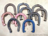 Throwing horseshoes marked Halex, Super Ringer, Double Ringer, more.