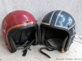 Vintage motorcycle helmets with classic striping. Sticker inside of Mench reads AMA Approved for