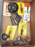 Pneumatic die grinder or similar bits incl rotary burs, grinding wheels, and a wire wheel. All but 1