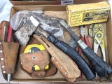 Leather tool pouches and tool for them incl. Lineman's pliers, Stanley tape, needle nose pliers, a