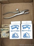 Decker's Hump brand Hill's Shoat Rings, Lem Manual Hog Rings, and Decker's Ringer Plier. Plier
