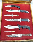 Set of six folding or fixed blade knives with a sharpening rod. The set comes in an approx 16