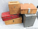 Variety of storage containers to organize the shop or garage. Gray metal box measures 10